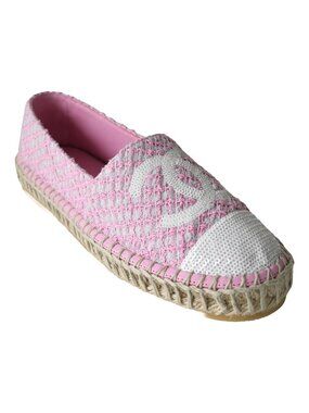 Chanel Espadrilles Tweed Lambskin Flats Light Pink White